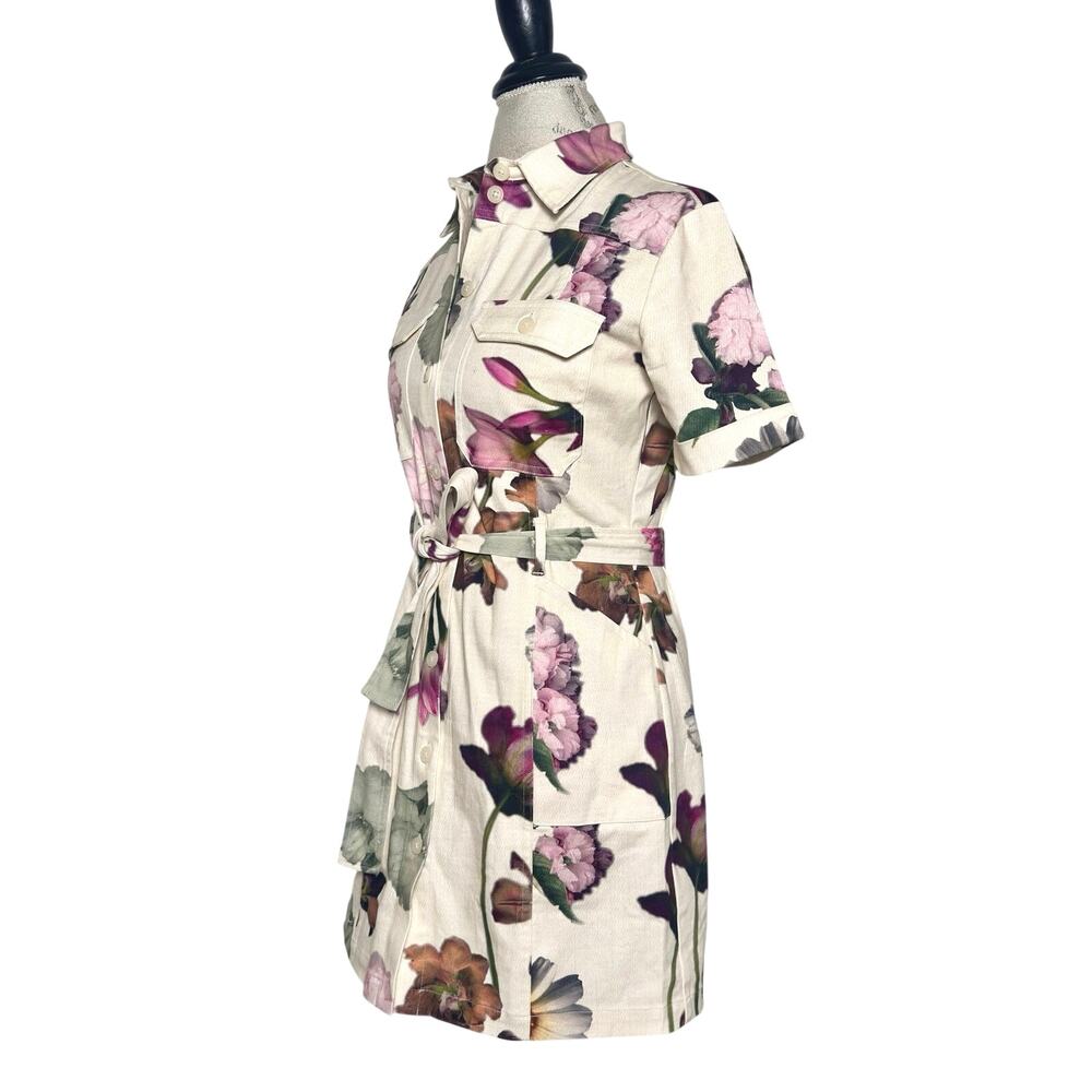 Desigual | Women | Cream Floral Spring Utility Belted Mini Shirt Dress | Medium - Picture 4 of 16